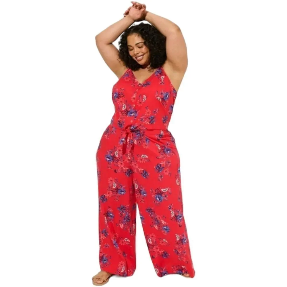 TORRID Red Floral challis button down crop top with pull on pant set NWT